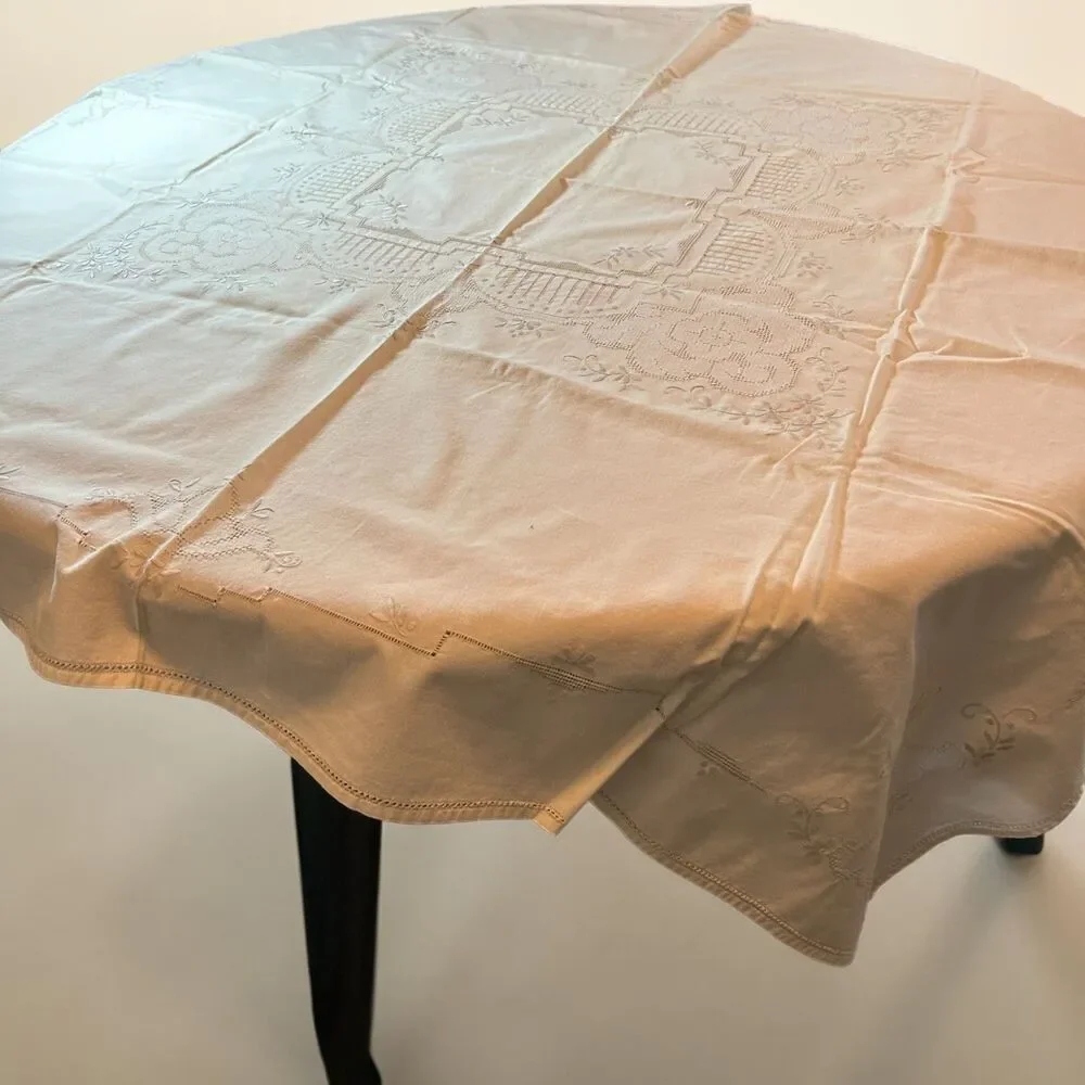 Vintage Beige Art Deco Tablecloth 17x50 Embroidered Rectangle Cottage Grannycore